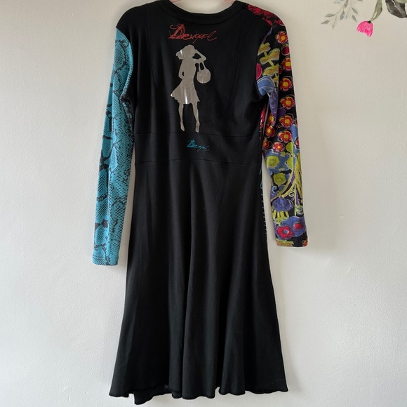 Desigual Long Sleeve Dress, Floral/Stripe/Dancing Figures/Horse Print, Large - Picture 2 of 12